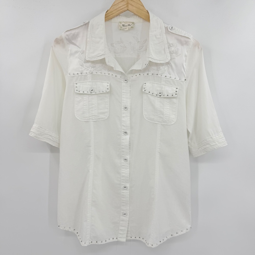 Miss Me White Embroidered Western Button Down Cowgirl Shirt Studded Cotton Top L